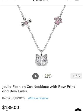 Jeulia Pink Paw & Bow Cat Necklace in Silver